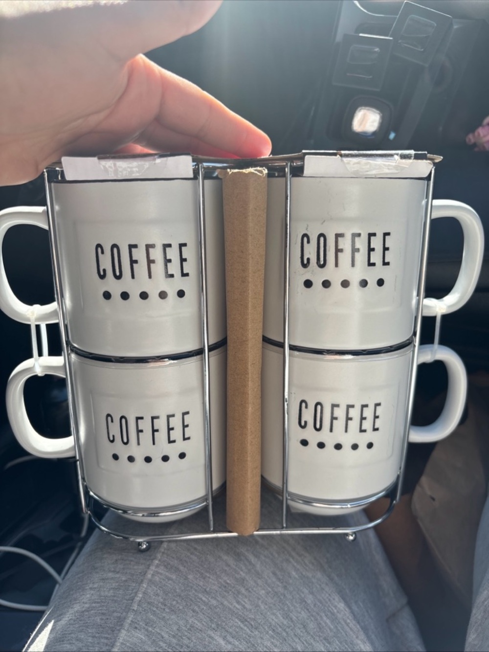 Coffee Stackable Mugs Set in White with Metal Rack